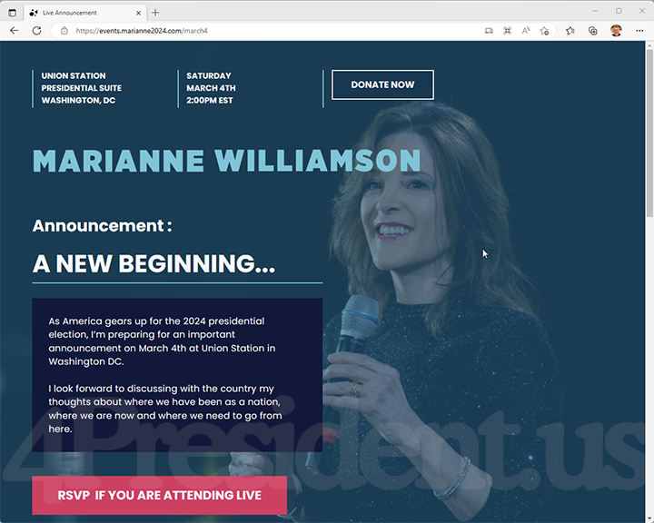 Marianne Williamson 2024 Website, February 26, 2023